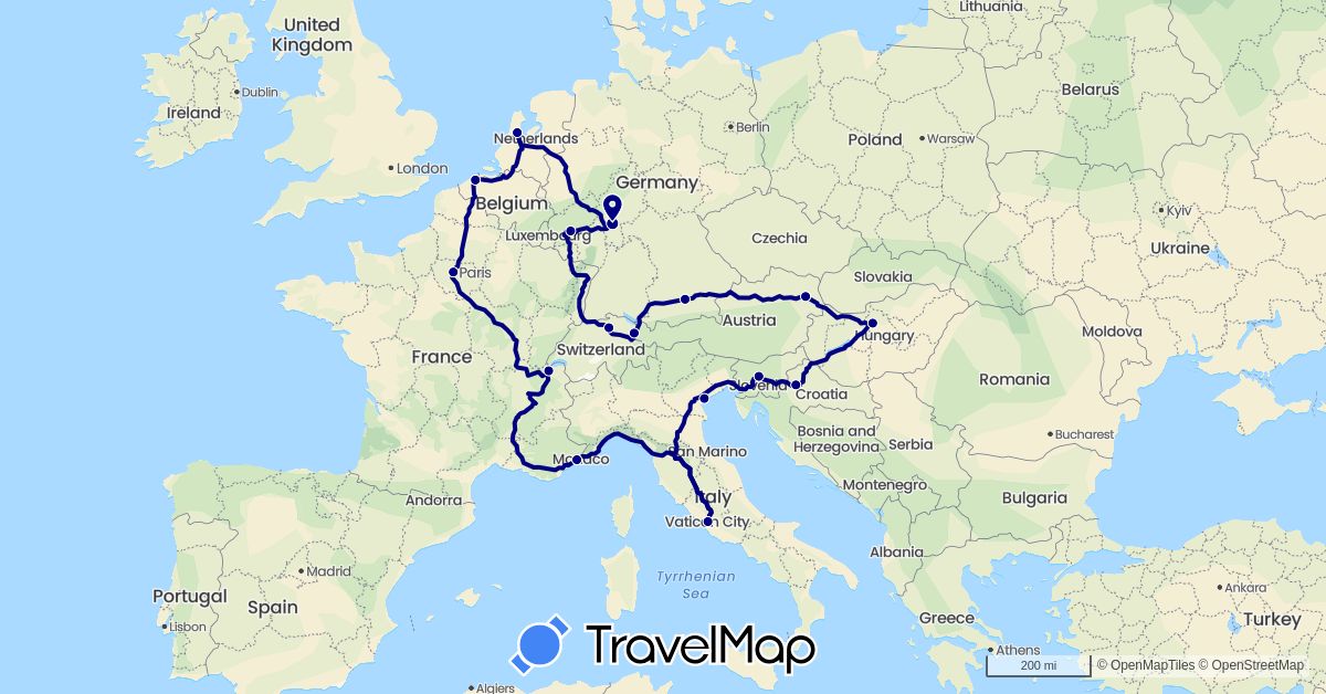 TravelMap itinerary: driving in Austria, Belgium, Switzerland, Germany, France, Croatia, Hungary, Italy, Liechtenstein, Netherlands, Slovenia (Europe)